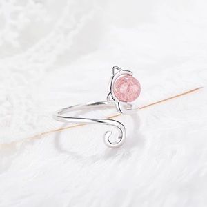 New Sterling Silver 925 Pink Cat Adjustable Ring